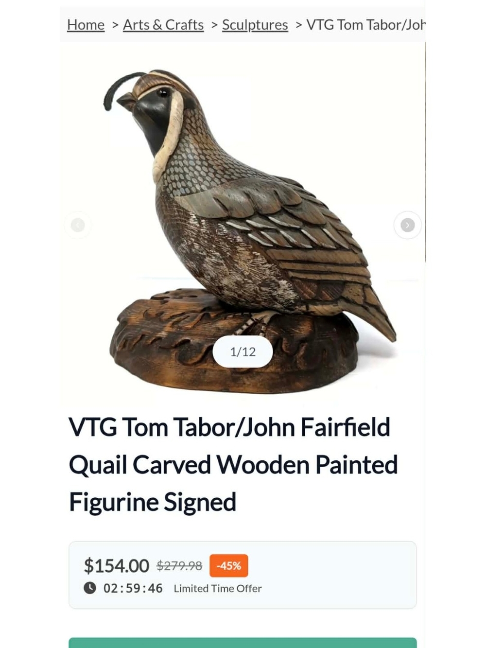Tom Tabor / John Fairfield Signed Carved Quail Sculpture - Brown